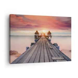 Quadro em tela - Píer de madeira que leva aos mirantes ao pôr do sol - 70x50cm - De oeste para leste - Decoração de parede moderna para a sala de estar e quarto ARTTOR
