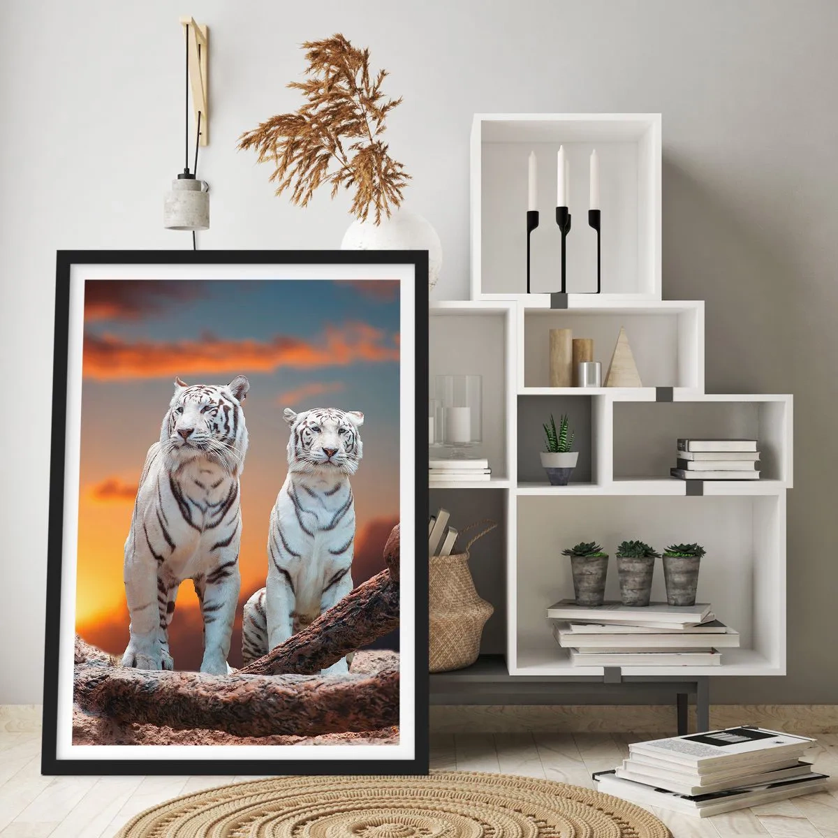 Pôster com moldura preta - Tigres brancos contra o pôr do sol - 50x70cm - Tal como em Nárnia - Decoração de parede moderna para a sala de estar e quarto ARTTOR