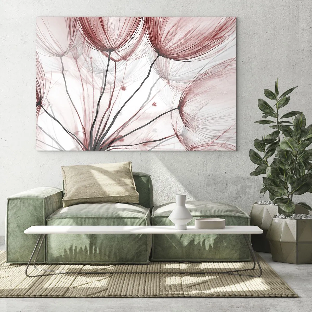 Quadro em vidro - Dentes-de-leão sutis em tons de rosa e preto - 70x50cm - Antes da partida - Decoração de parede moderna para a sala de estar e quarto ARTTOR