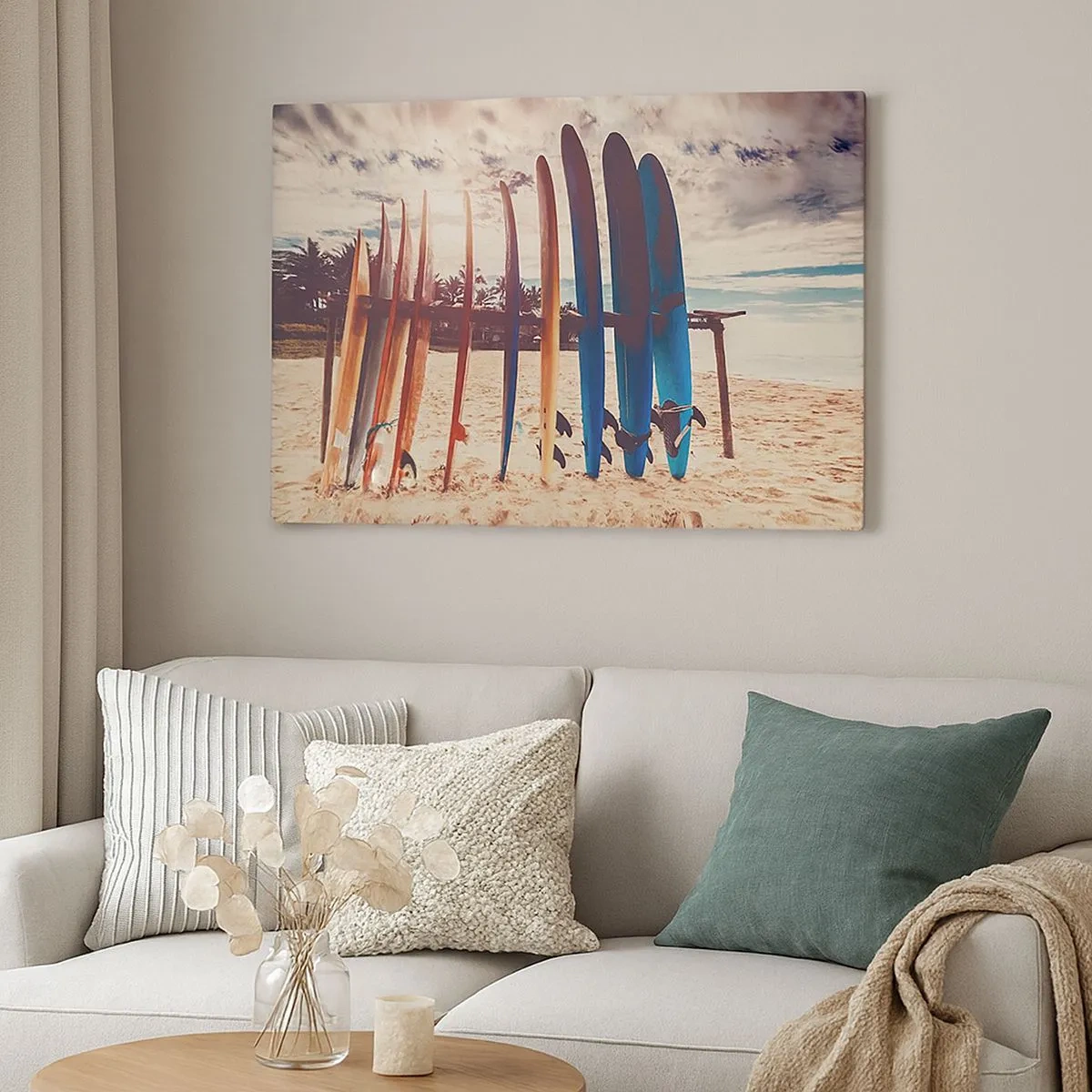 Quadro em tela - Pranchas de surfe na praia ao pôr do sol - 70x50cm - Boa noite, até amanhã - Decoração de parede moderna para a sala de estar e quarto ARTTOR