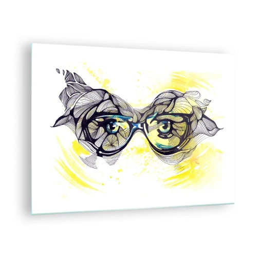 Quadro em vidro - Óculos com padrões artísticos e olhos em um fundo em tons de amarelo - 70x50cm - Através de óculos azuis - Decoração de parede moderna para a sala de estar e quarto ARTTOR
