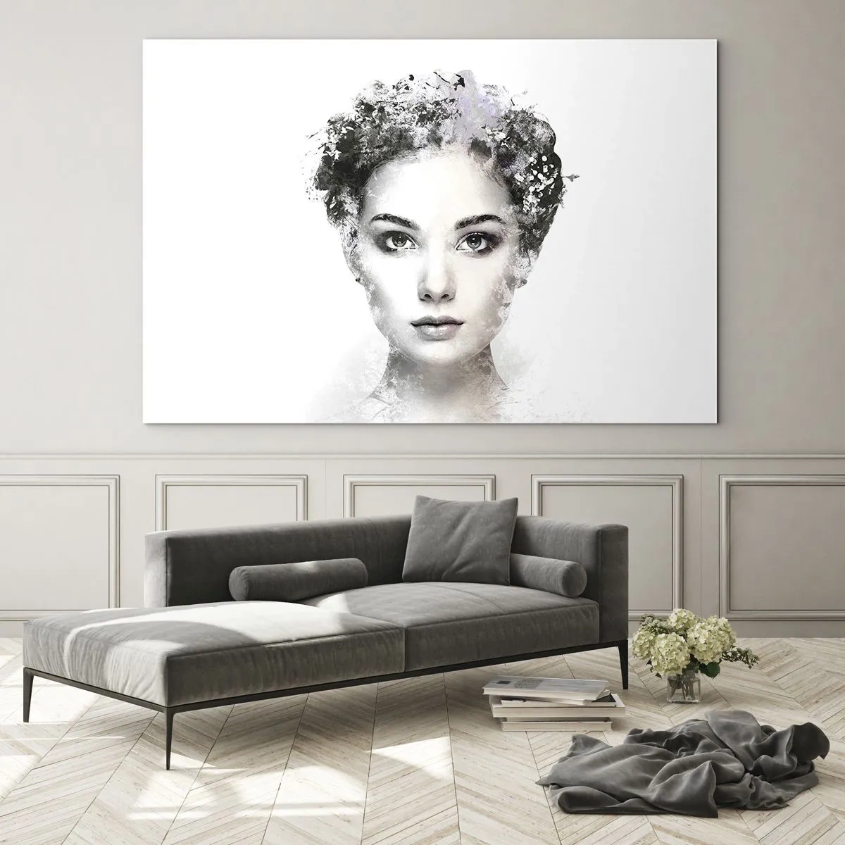 Quadro em vidro - Rosto de mulher em estilo aquarela sobre fundo branco - 70x50cm - Um retrato extremamente elegante - Decoração de parede moderna para a sala de estar e quarto ARTTOR
