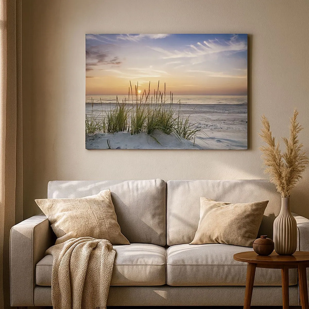 Quadro em tela - Uma praia de areia ao pôr do sol com grama ao fundo - 70x50cm - Olhe, pense, sinta - Decoração de parede moderna para a sala de estar e quarto ARTTOR