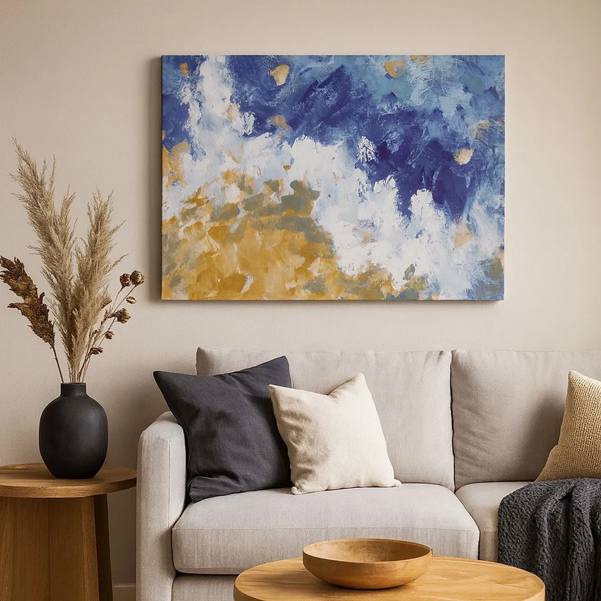Quadro em tela - Abstração em tons de azul, branco e dourado - 70x50cm - Dança dos elementos - Decoração de parede moderna para a sala de estar e quarto ARTTOR