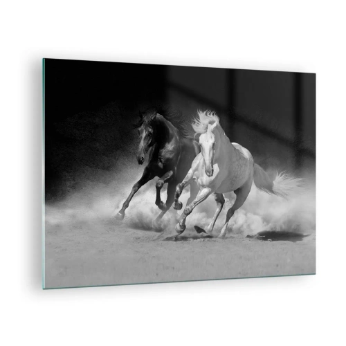 Quadro em vidro - Cavalos correndo em preto e branco - 70x50cm - Galope da liberdade - Decoração de parede moderna para a sala de estar e quarto ARTTOR