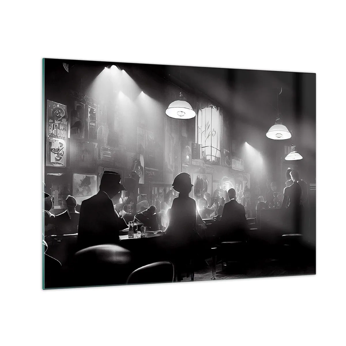 Quadro em vidro - Palco de jazz em preto e branco no interior de um clube - 70x50cm - Em uma atmosfera de jazz - Decoração de parede moderna para a sala de estar e quarto ARTTOR