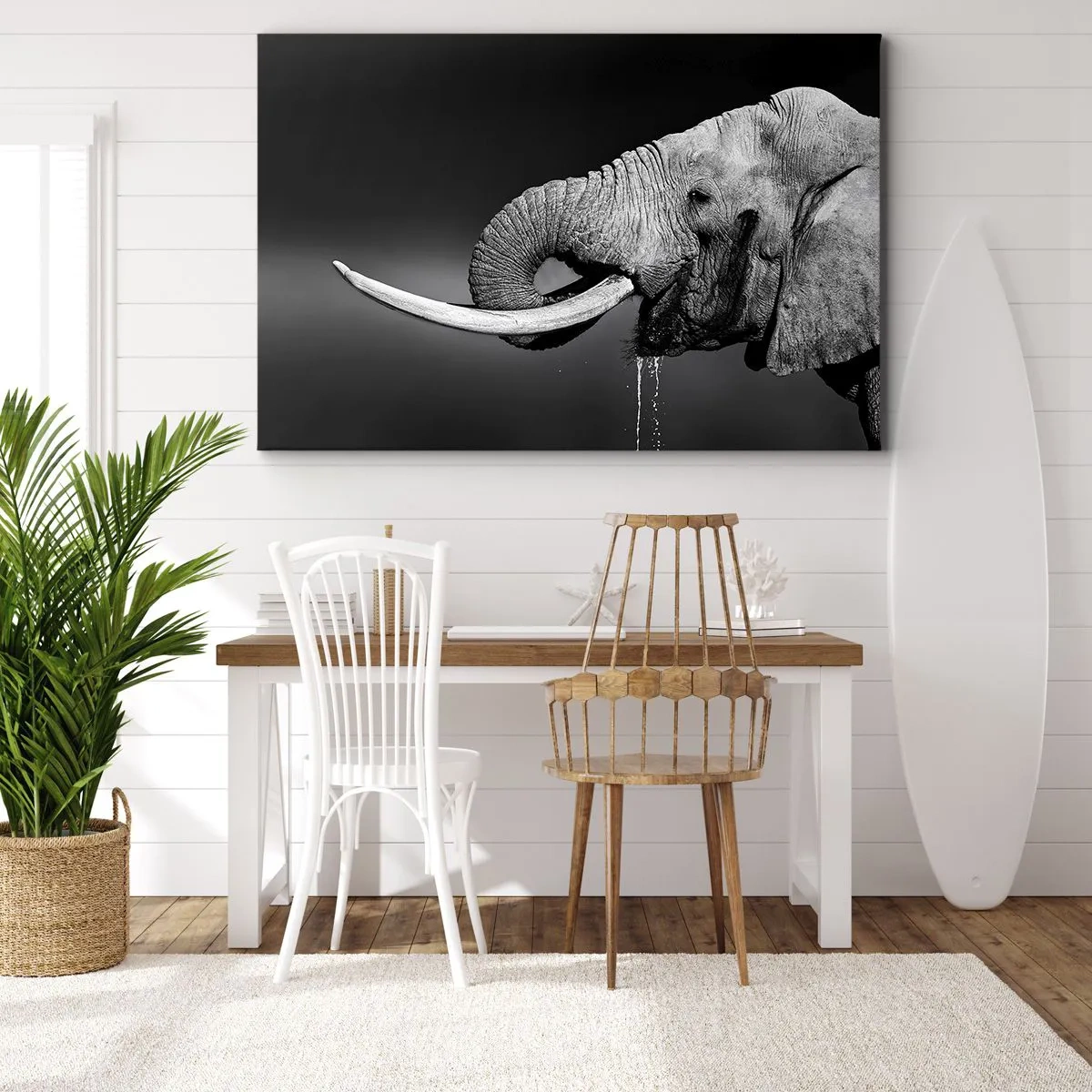 Quadro em tela - Retrato em preto e branco de um elefante de perfil - 70x50cm - Sim, agora está tudo bem - Decoração de parede moderna para a sala de estar e quarto ARTTOR