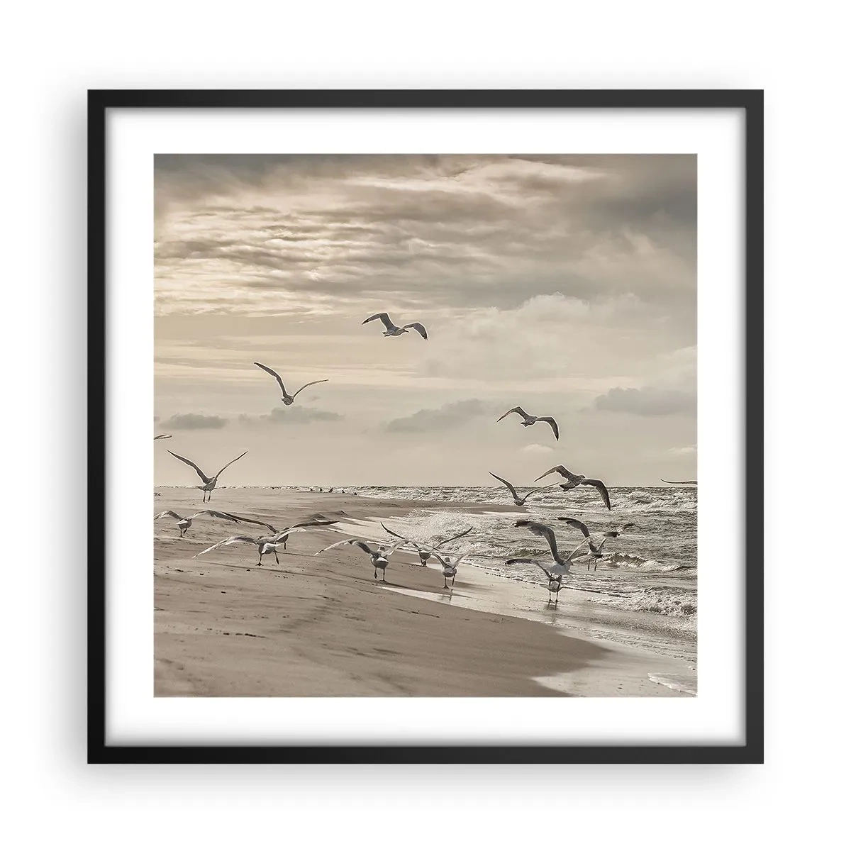 Pôster com moldura preta - O som do mar, o canto dos pássaros - 50x50 cm