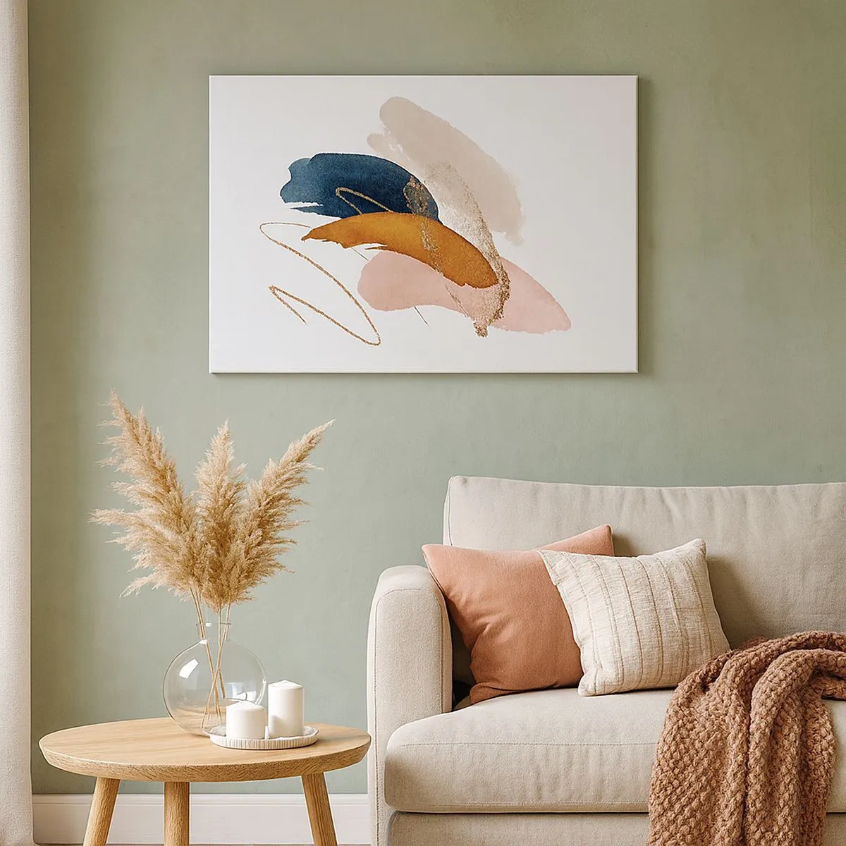 Quadro em tela - Traços abstratos em tons pastéis com detalhes dourados - 70x50cm - Composição alada - Decoração de parede moderna para a sala de estar e quarto ARTTOR