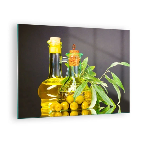 Quadro em vidro - Garrafas de azeite e um ramo com azeitonas ao fundo - 70x50cm - Natureza morta com azeitonas e azeite - Decoração de parede moderna para a sala de estar e quarto ARTTOR