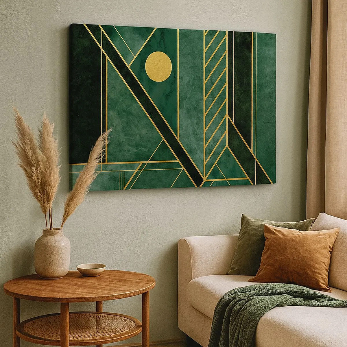 Quadro em tela - Design geométrico verde e dourado com um padrão elegante - 70x50cm - A dinâmica do ouro e do azul - Decoração de parede moderna para a sala de estar e quarto ARTTOR