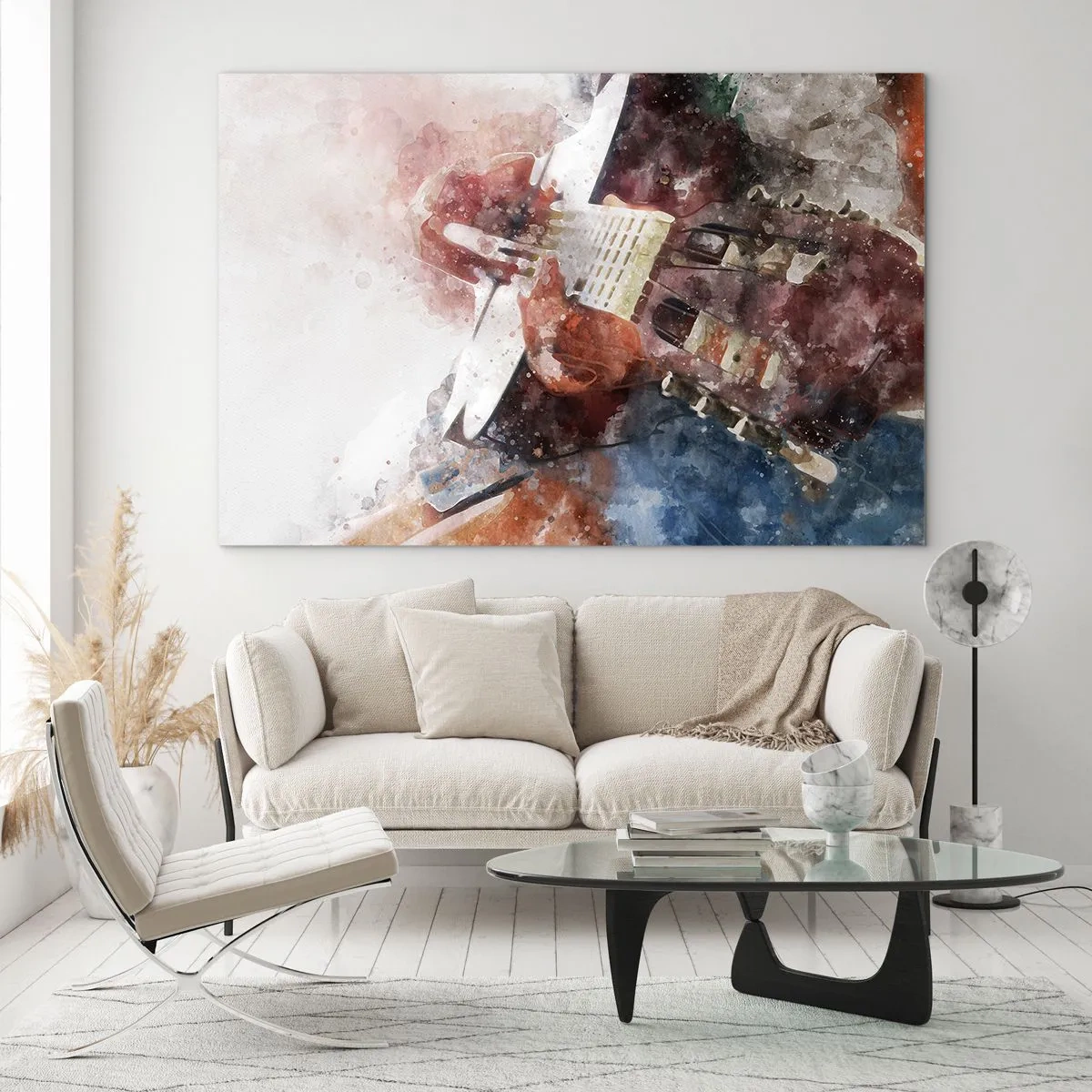 Quadro em vidro - Uma pintura em aquarela de um guitarrista artístico - 70x50cm - E o que acha? - Decoração de parede moderna para a sala de estar e quarto ARTTOR