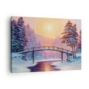 Quadro em tela - Paisagem de inverno com uma ponte iluminada pelo pôr do sol - 70x50cm - Quatro estações - inverno - Decoração de parede moderna para a sala de estar e quarto ARTTOR