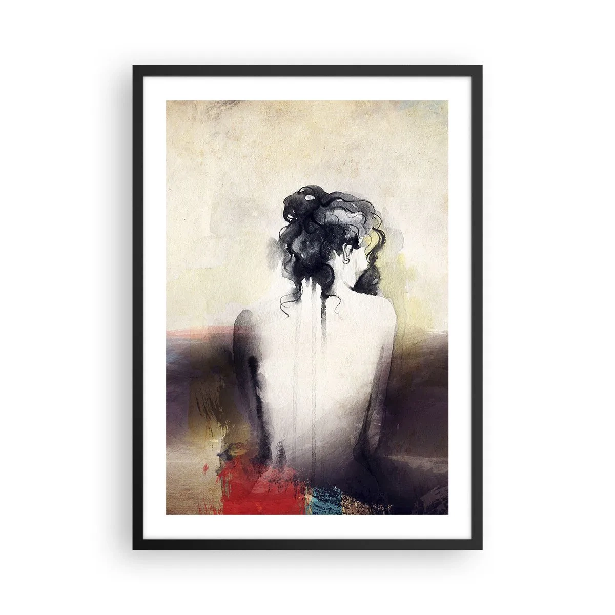 Pôster com moldura preta - Um retrato artístico de uma mulher de costas em cores suaves. - 50x70cm - Linhas suaves, formas ovais - Decoração de parede moderna para a sala de estar e quarto ARTTOR
