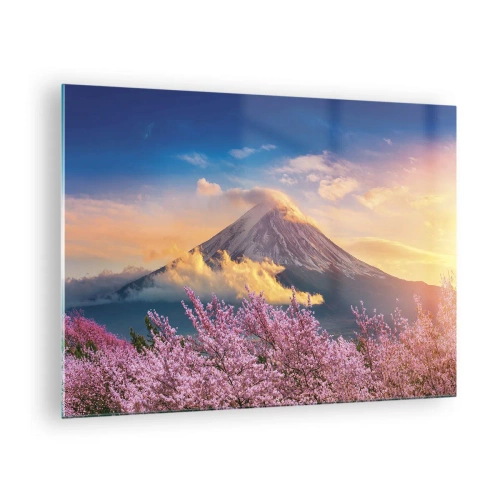 Quadro em vidro - Monte Fuji ao fundo com cerejeiras em flor em primeiro plano - 70x50cm - Santidade japonesa - Decoração de parede moderna para a sala de estar e quarto ARTTOR