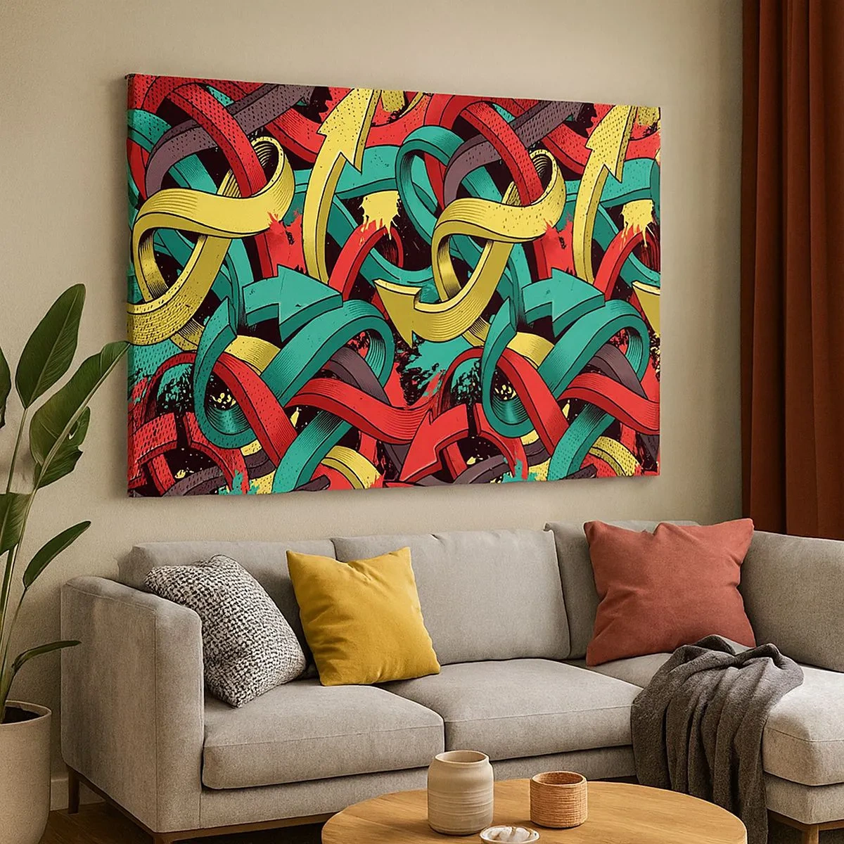 Quadro em tela - Setas abstratas em cores vibrantes criando caos - 70x50cm - Qual o caminho para o destino? - Decoração de parede moderna para a sala de estar e quarto ARTTOR