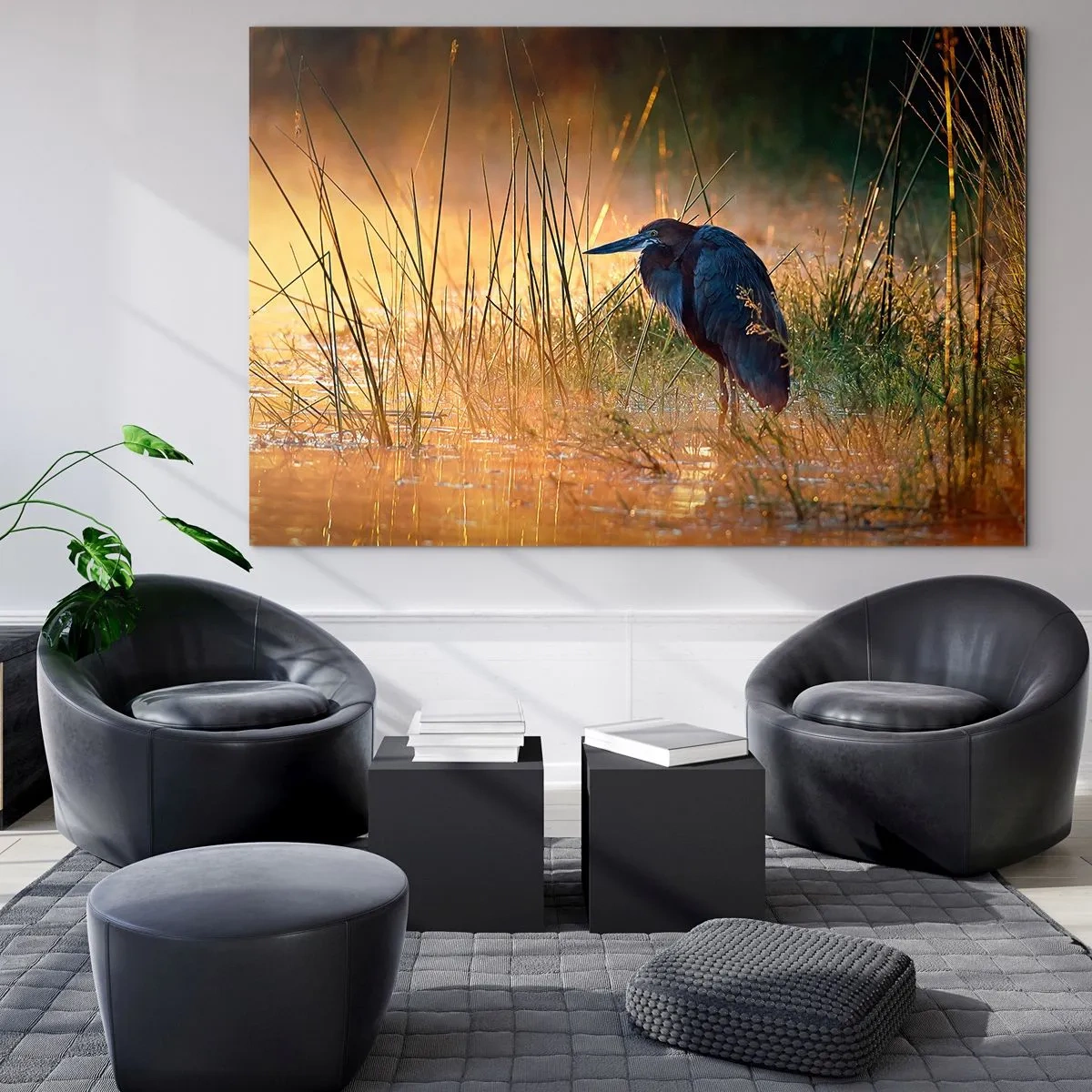 Quadro em vidro - Pôr do sol sobre um lago com uma garça - 70x50cm - Já chega de fotos - Decoração de parede moderna para a sala de estar e quarto ARTTOR