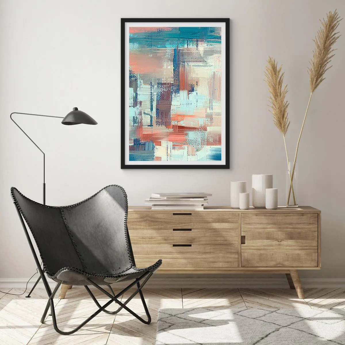 Pôster com moldura preta - Uma composição abstrata de pinceladas em cores quentes. - 50x70cm - Alcance a luz - Decoração de parede moderna para a sala de estar e quarto ARTTOR