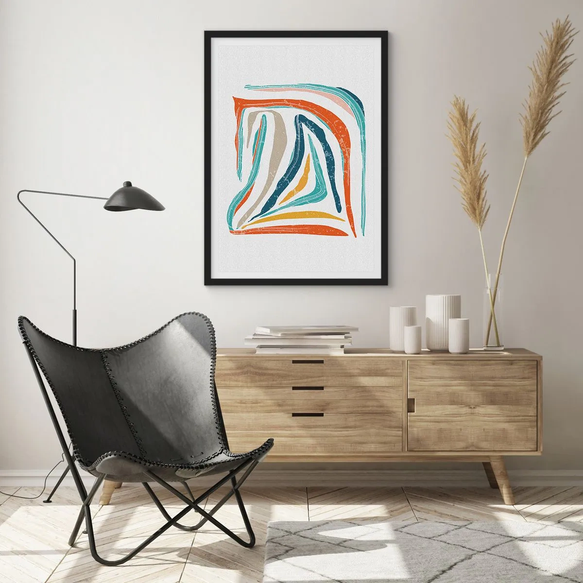 Pôster com moldura preta - Abstração colorida com linhas orgânicas - 50x70cm - Abstração com um sorriso amigável - Decoração de parede moderna para a sala de estar e quarto ARTTOR