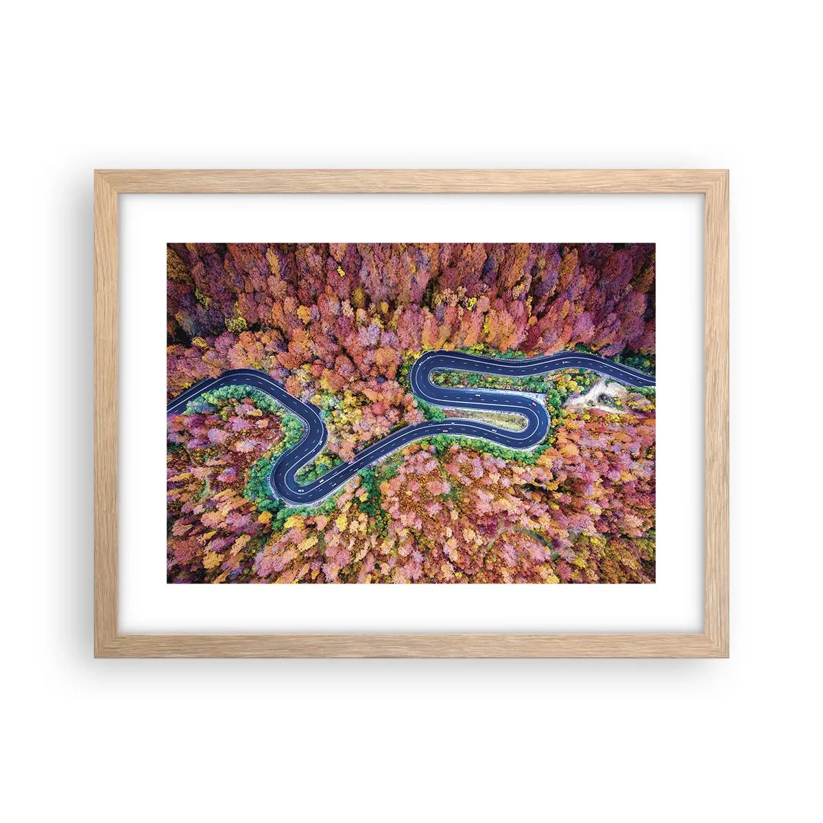 Pôster com moldura de carvalho claro - Estrada sinuosa pela floresta - 40x30 cm