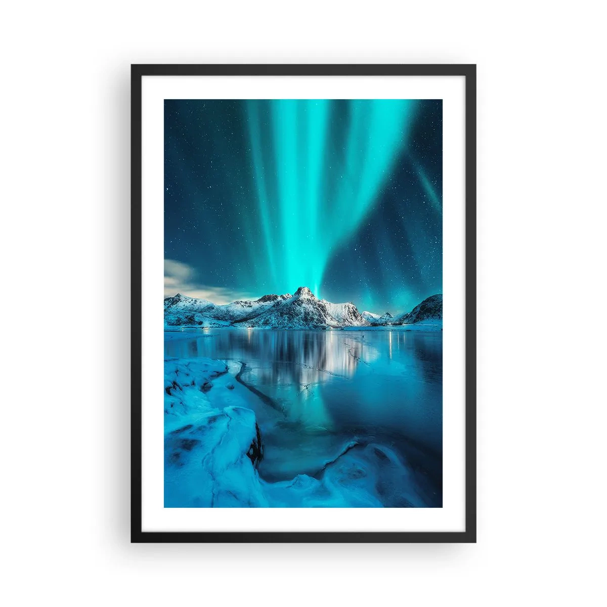 Pôster com moldura preta - Aurora Boreal sobre as montanhas cobertas de neve - 50x70cm - Noite de Luz - Decoração de parede moderna para a sala de estar e quarto ARTTOR