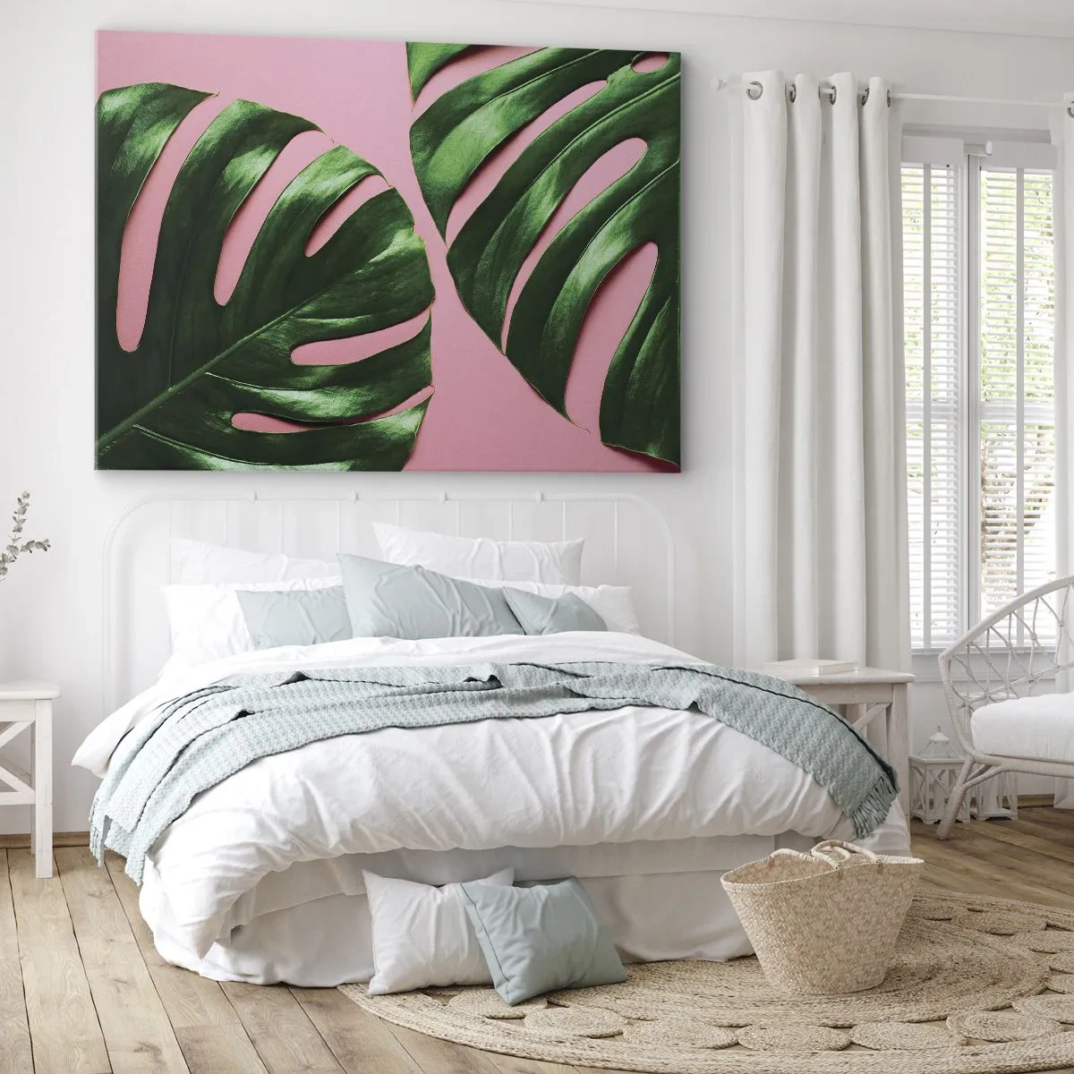 Quadro em tela - Folhas verdes de monstera em um fundo rosa - 70x50cm - Encontro verde - Decoração de parede moderna para a sala de estar e quarto ARTTOR