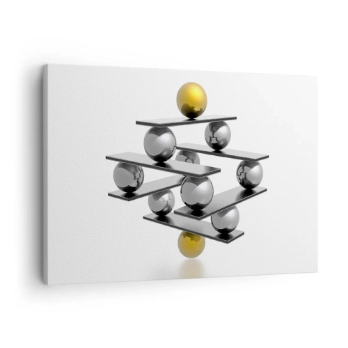 Quadro em tela - Composição geométrica com bolas de metal e detalhes dourados - 70x50cm - Equilíbrio de ouro e prata - Decoração de parede moderna para a sala de estar e quarto ARTTOR