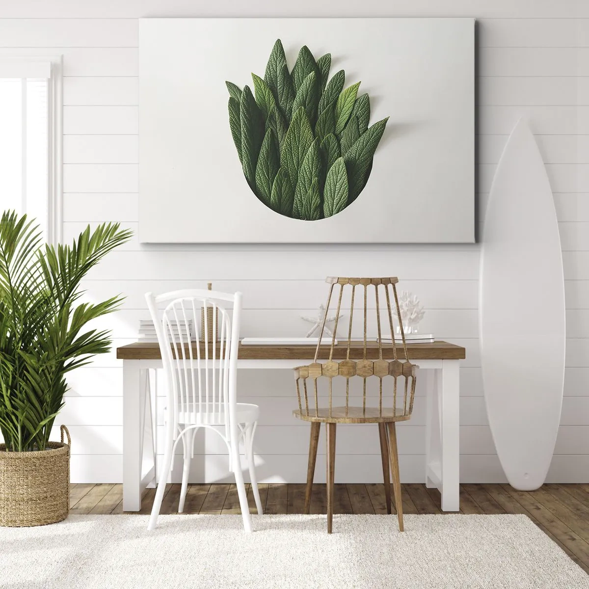Quadro em tela - Uma composição de folhas verdes sobre um fundo claro - 70x50cm - Curiosidade indomável - Decoração de parede moderna para a sala de estar e quarto ARTTOR