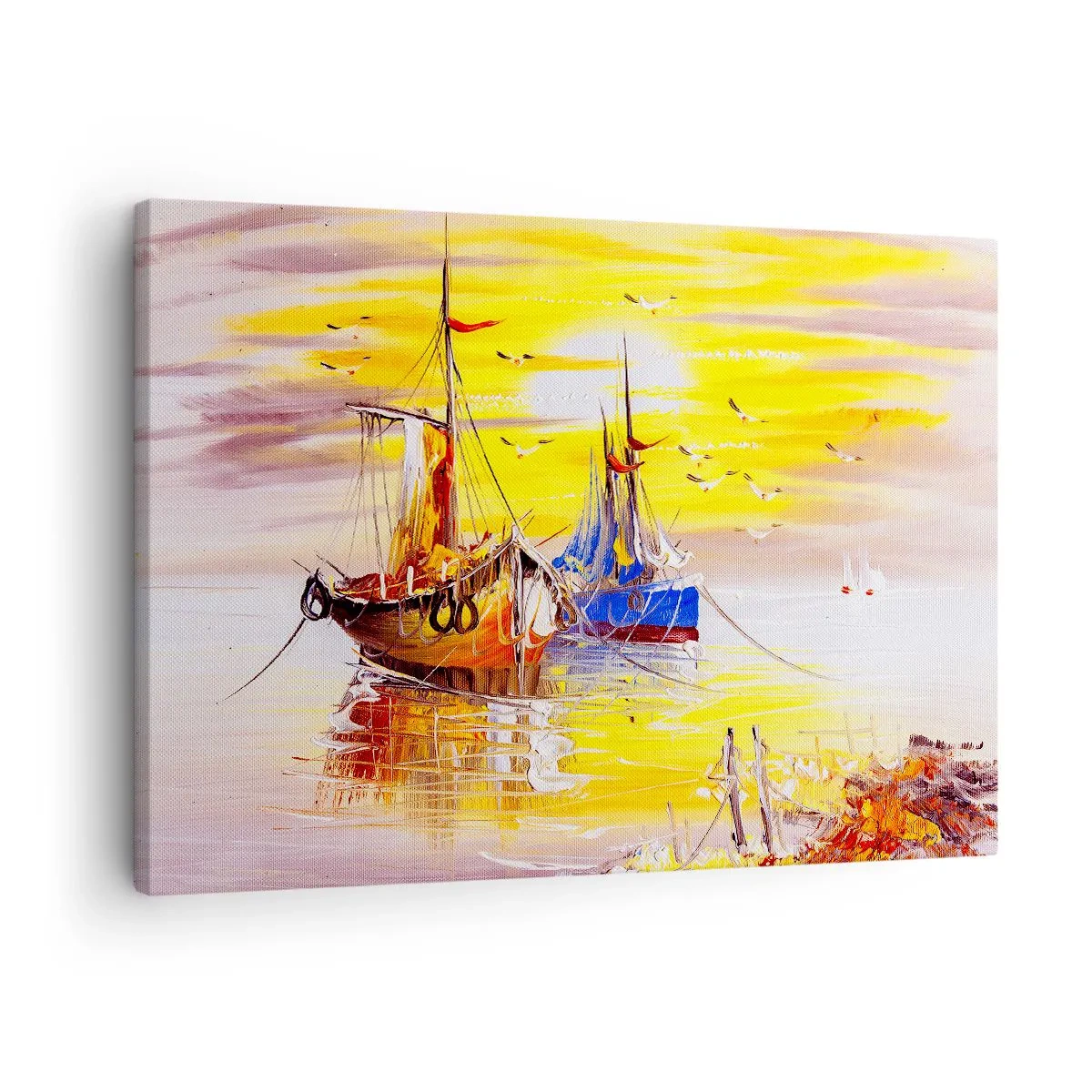 Quadro em tela - Uma cena pictórica de barcos em um mar calmo - 70x50cm - Um merecido descanso no porto - Decoração de parede moderna para a sala de estar e quarto ARTTOR