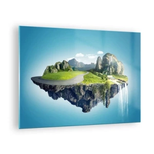 Quadro em vidro - Uma ilha flutuante com montanhas, uma cachoeira e vegetação - 70x50cm - Ilha fantástica - Decoração de parede moderna para a sala de estar e quarto ARTTOR