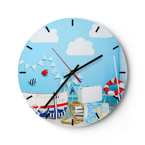 Relógio de parede - Relógio em vidro - Tema náutico com fundo azul - 30x30cm - Saudade infantil da aventura - Decoração de parede moderna para a sala de estar, cozinha e quarto ARTTOR