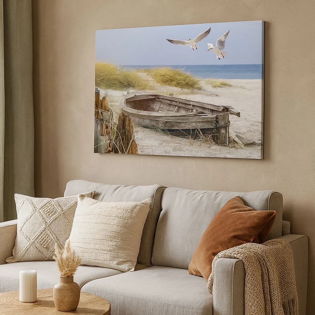 Quadro em tela - Barco abandonado em uma praia com gaivotas - 70x50cm - Banhado pelo vento - Decoração de parede moderna para a sala de estar e quarto ARTTOR