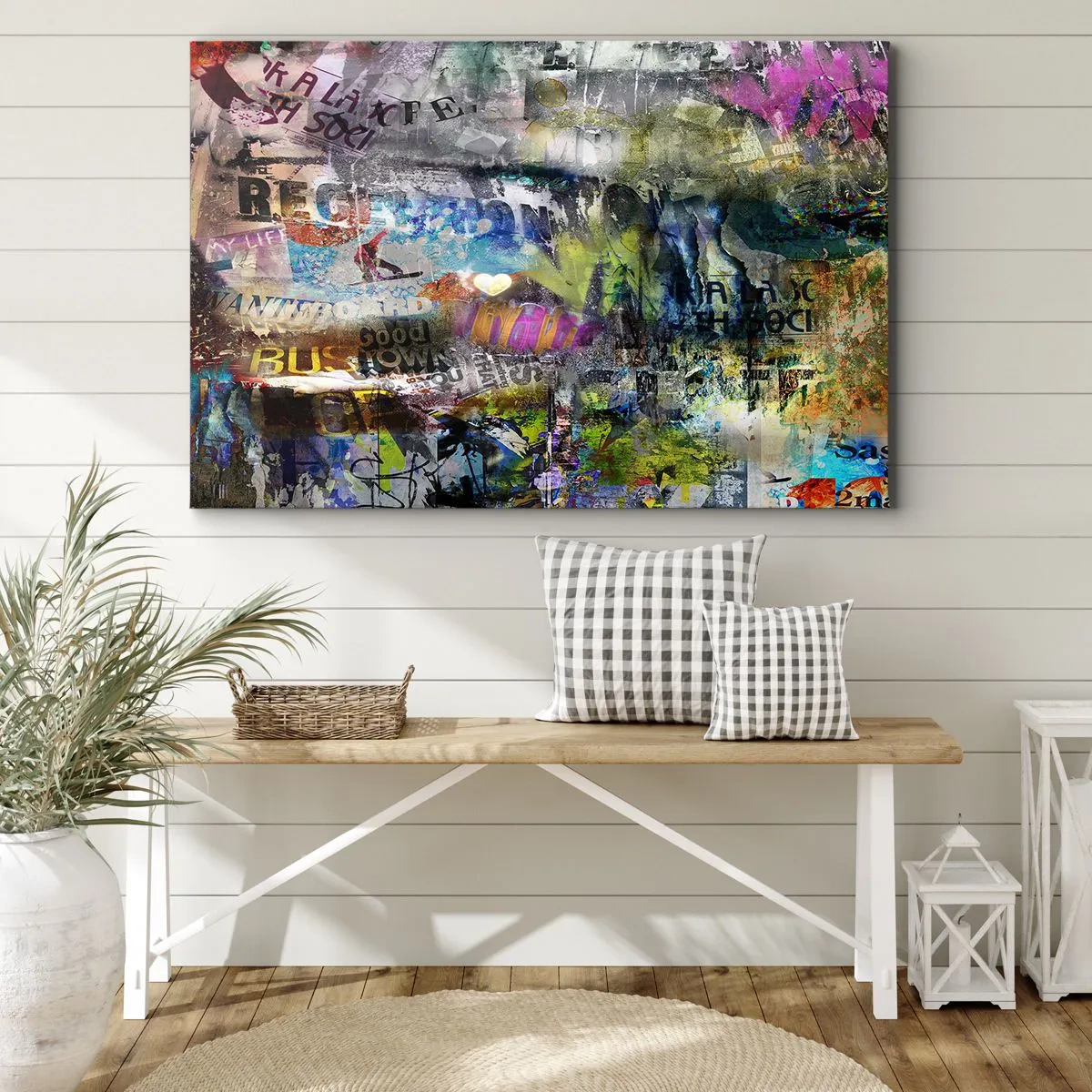 Quadro em tela - Colagem abstrata com texto e várias cores - 70x50cm - Colagem de memórias - Decoração de parede moderna para a sala de estar e quarto ARTTOR