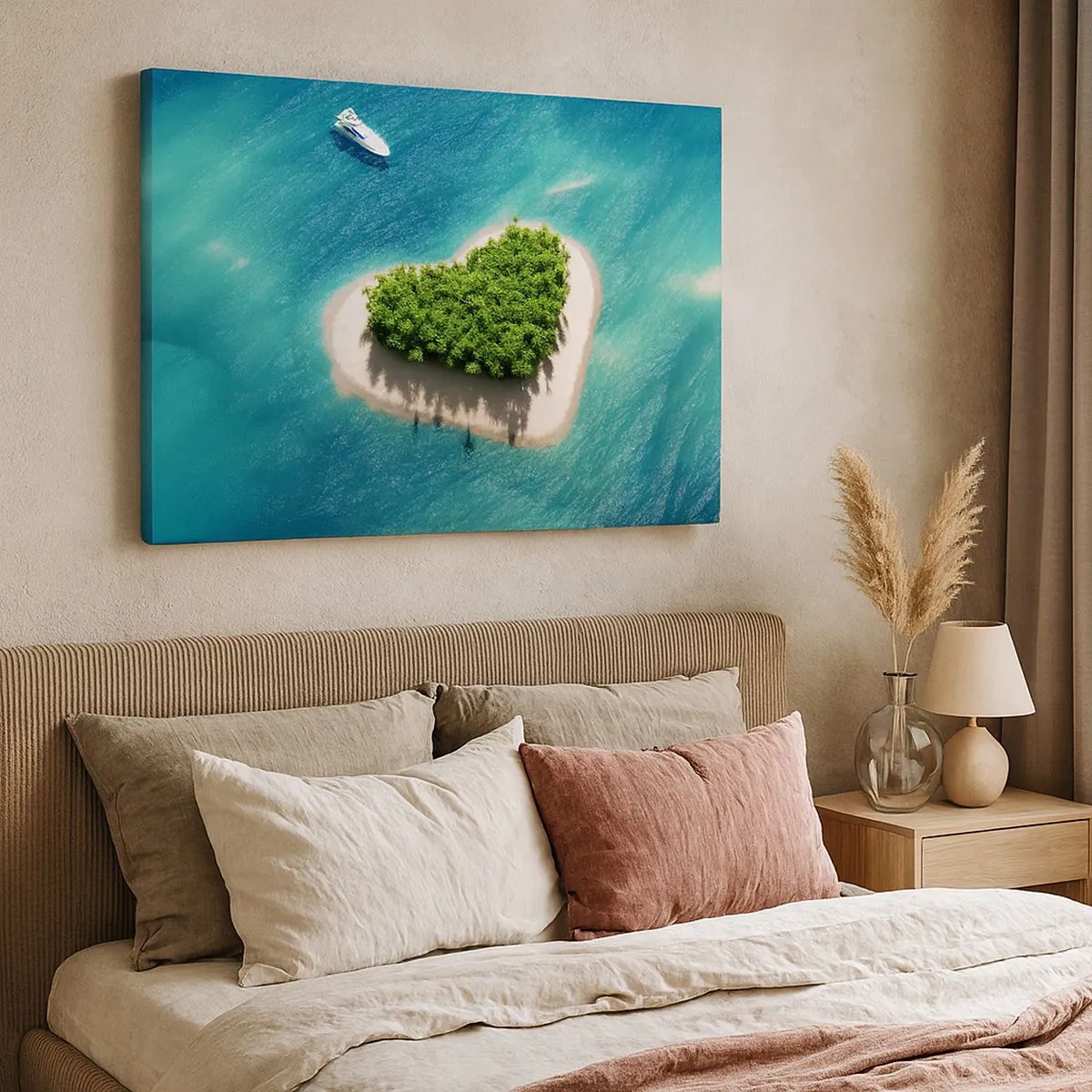 Quadro em tela - Uma ilha romântica em forma de coração em um mar turquesa - 70x50cm - Eu amo o verão - Decoração de parede moderna para a sala de estar e quarto ARTTOR