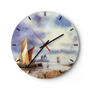 Relógio de parede - Relógio em vidro - Veleiros em águas calmas com vista para um moinho de vento - 30x30cm - O regresso dos marinheiros - Decoração de parede moderna para a sala de estar, cozinha e quarto ARTTOR