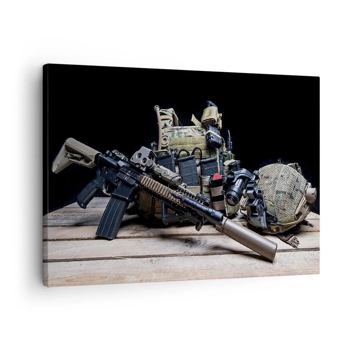 Quadro em tela - Equipamento tático com um rifle em uma mesa de madeira - 70x50cm - Descanse! - Decoração de parede moderna para a sala de estar e quarto ARTTOR