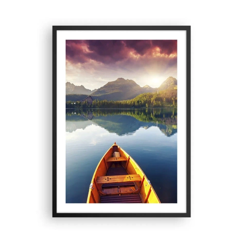 Pôster com moldura preta - Um barco em um lago com vista para a montanha ao pôr do sol - 50x70cm - Nada contra a natureza - Decoração de parede moderna para a sala de estar e quarto ARTTOR