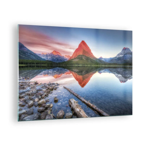 Quadro em vidro - Um pico de montanha refletido em um lago calmo - 70x50cm - Calor e frio - Decoração de parede moderna para a sala de estar e quarto ARTTOR