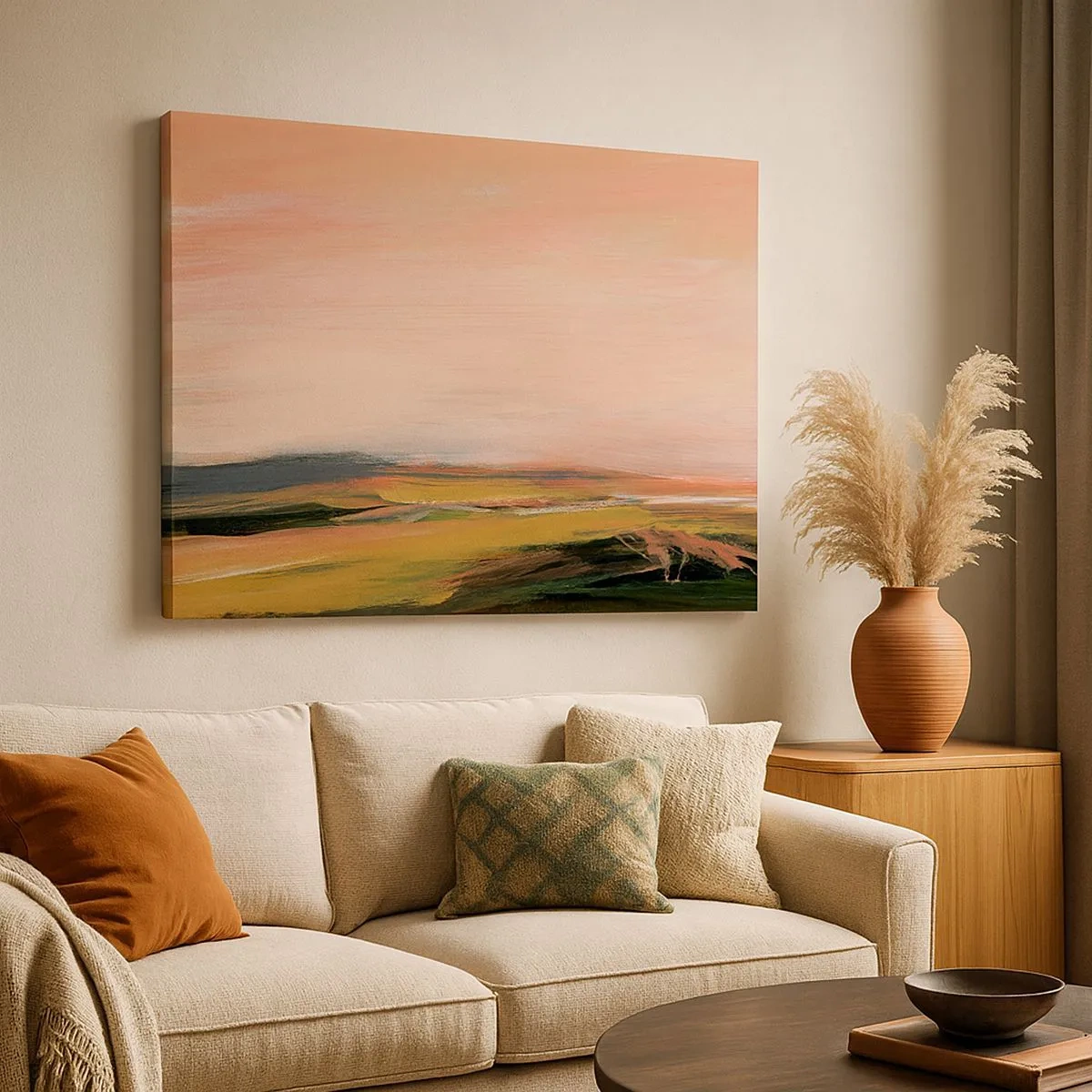 Quadro em tela - Uma paisagem em tons de rosa e dourado - 70x50cm - Em tons rosa - Decoração de parede moderna para a sala de estar e quarto ARTTOR