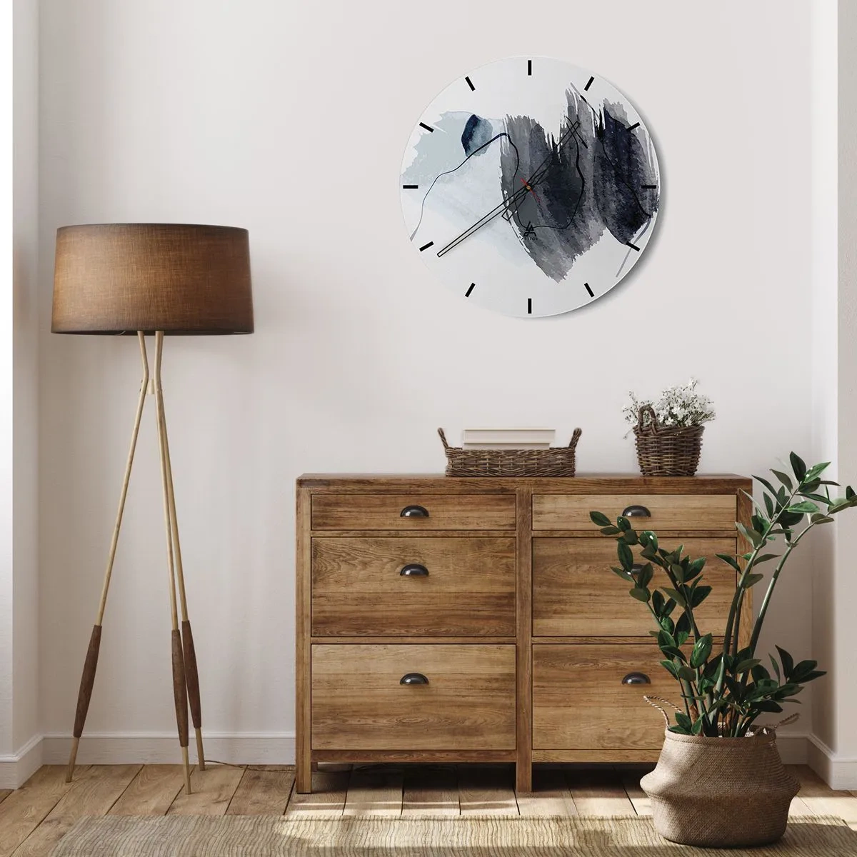 Relógio de parede - Relógio em vidro - Manchas de aquarela azul escuro em um fundo claro - 30x30cm - Intensidade e movimento - Decoração de parede moderna para a sala de estar, cozinha e quarto ARTTOR