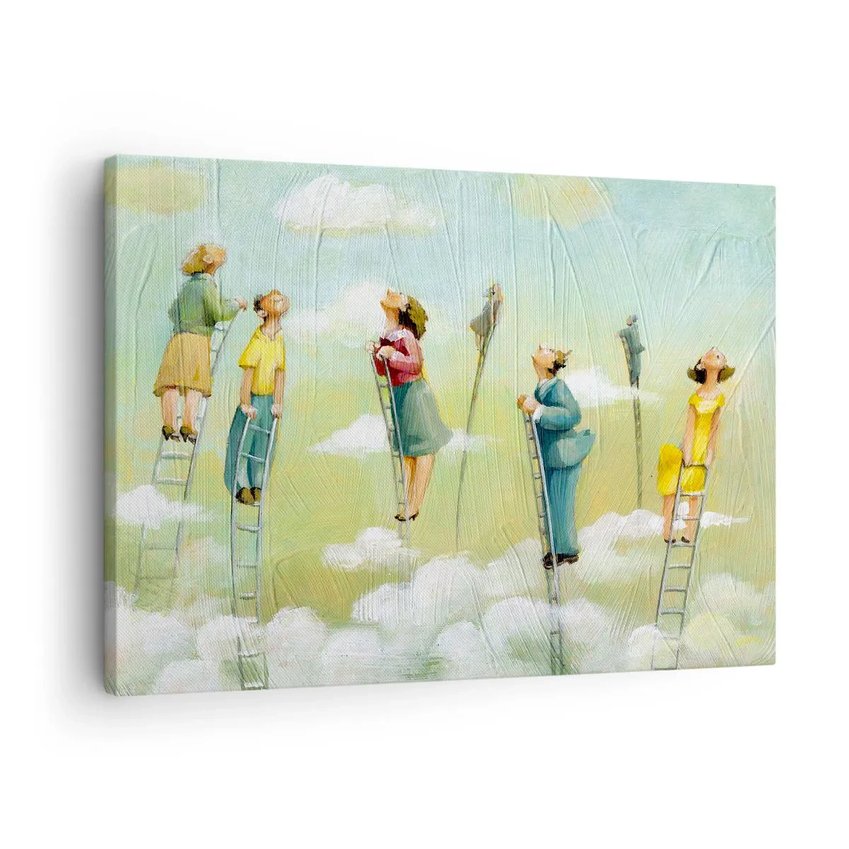 Quadro em tela - Figuras subindo escadas entre nuvens em um fundo pastel. - 70x50cm - Por trás do seu sonho - Decoração de parede moderna para a sala de estar e quarto ARTTOR