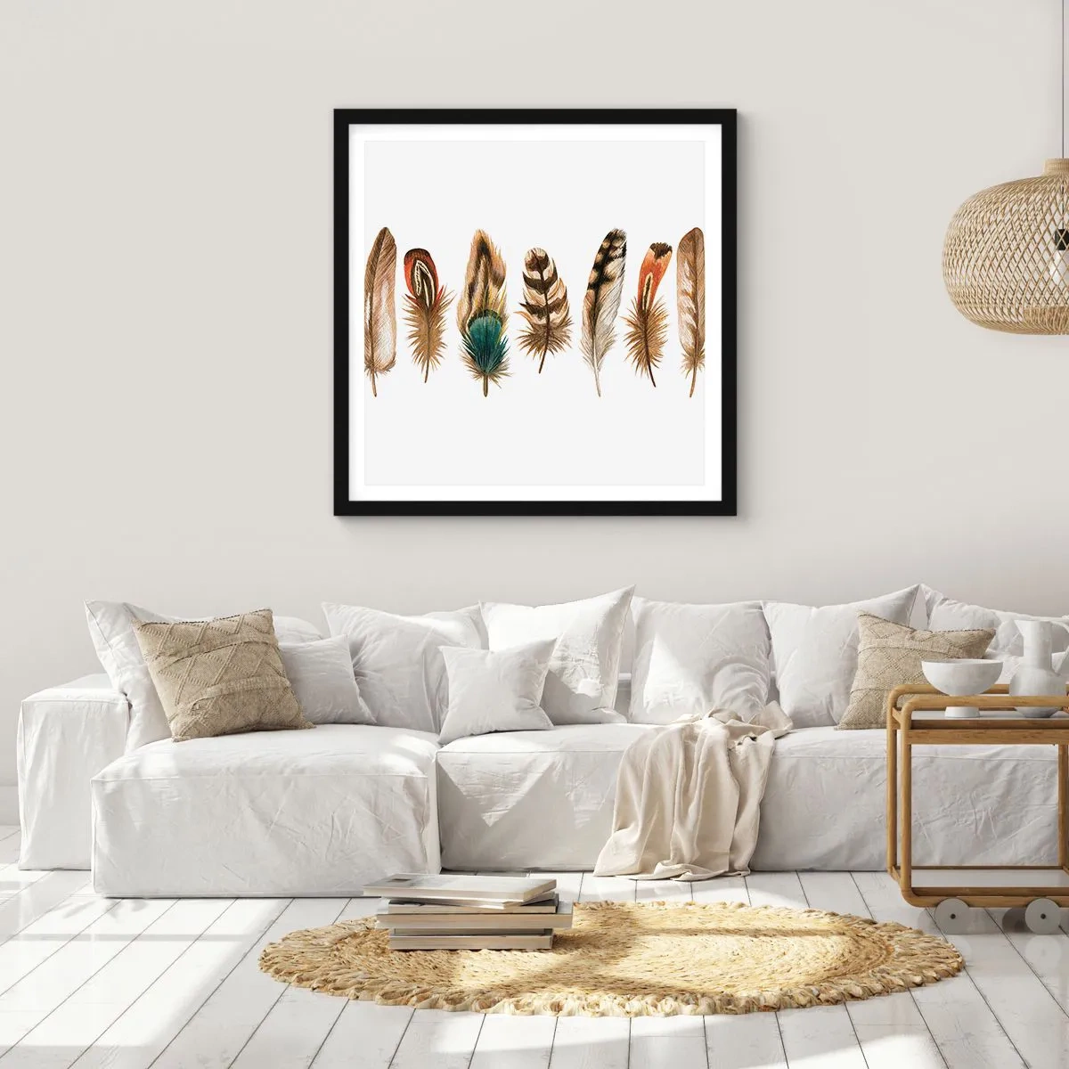 Pôster com moldura preta - Variações de penas - 40x40 cm