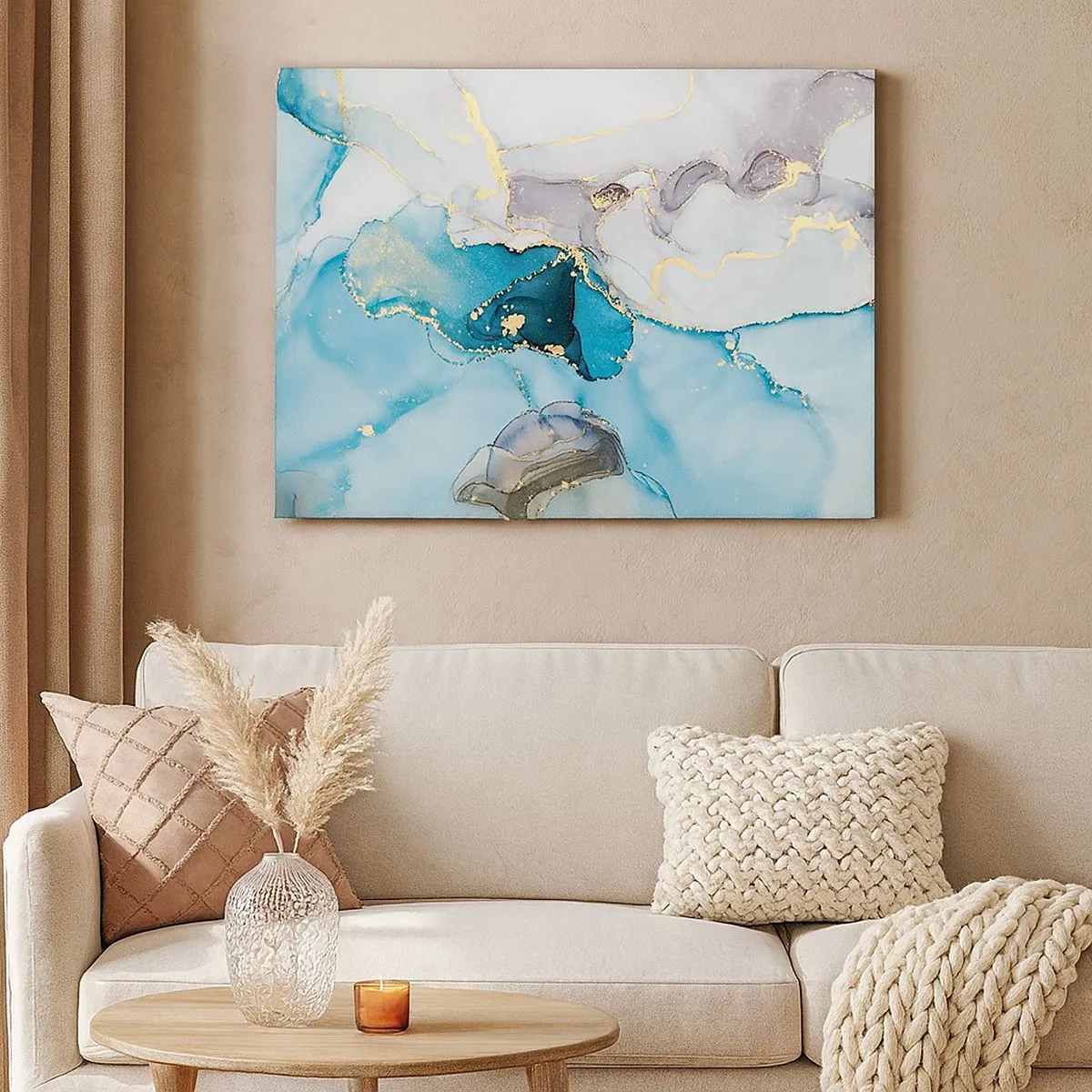 Quadro em tela - Abstração em tons de azul e dourado com linhas sutis - 70x50cm - Estudo do encontro do cinza e turquesa - Decoração de parede moderna para a sala de estar e quarto ARTTOR