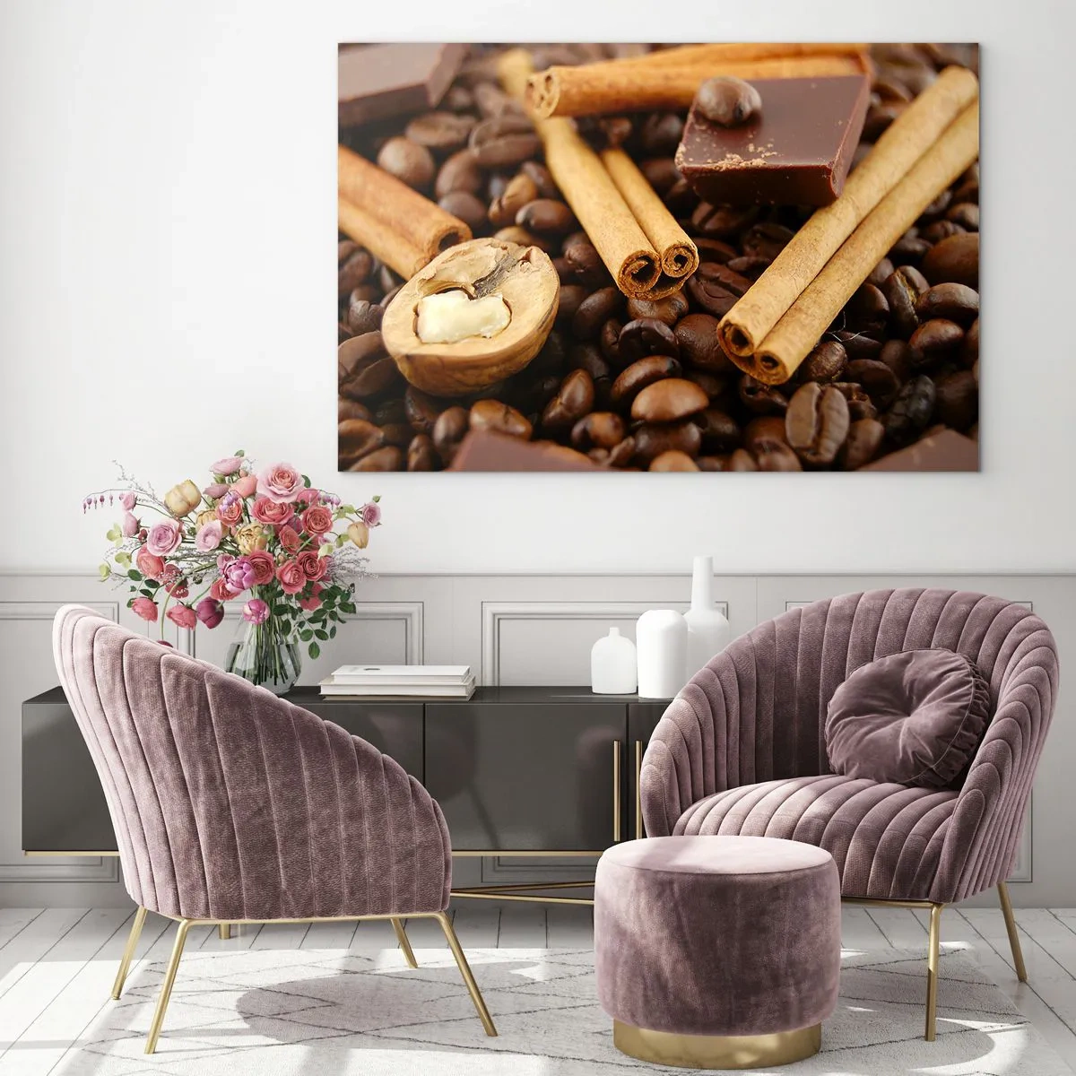 Quadro em vidro - Close-up de café, canela, chocolate e nozes - 70x50cm - Concerto de aromas - Decoração de parede moderna para a sala de estar e quarto ARTTOR