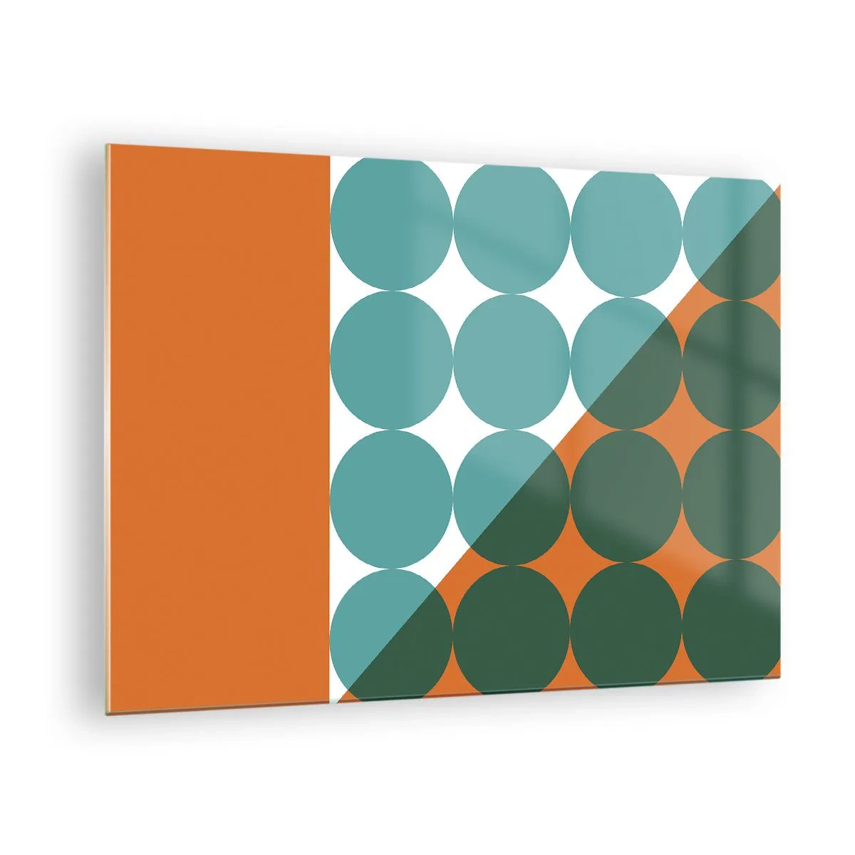 Quadro em vidro - Composição geométrica abstrata com círculos e um triângulo - 70x50cm - Para cima e na diagonal - Decoração de parede moderna para a sala de estar e quarto ARTTOR