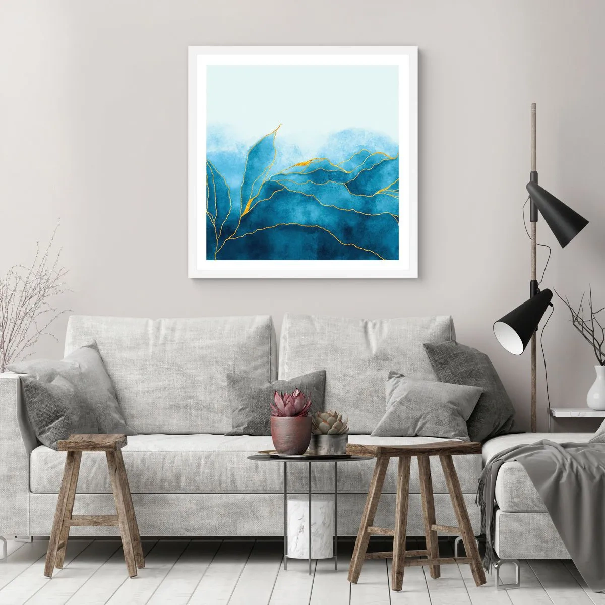 Pôster em moldura branca - Azul dourado - 60x60 cm
