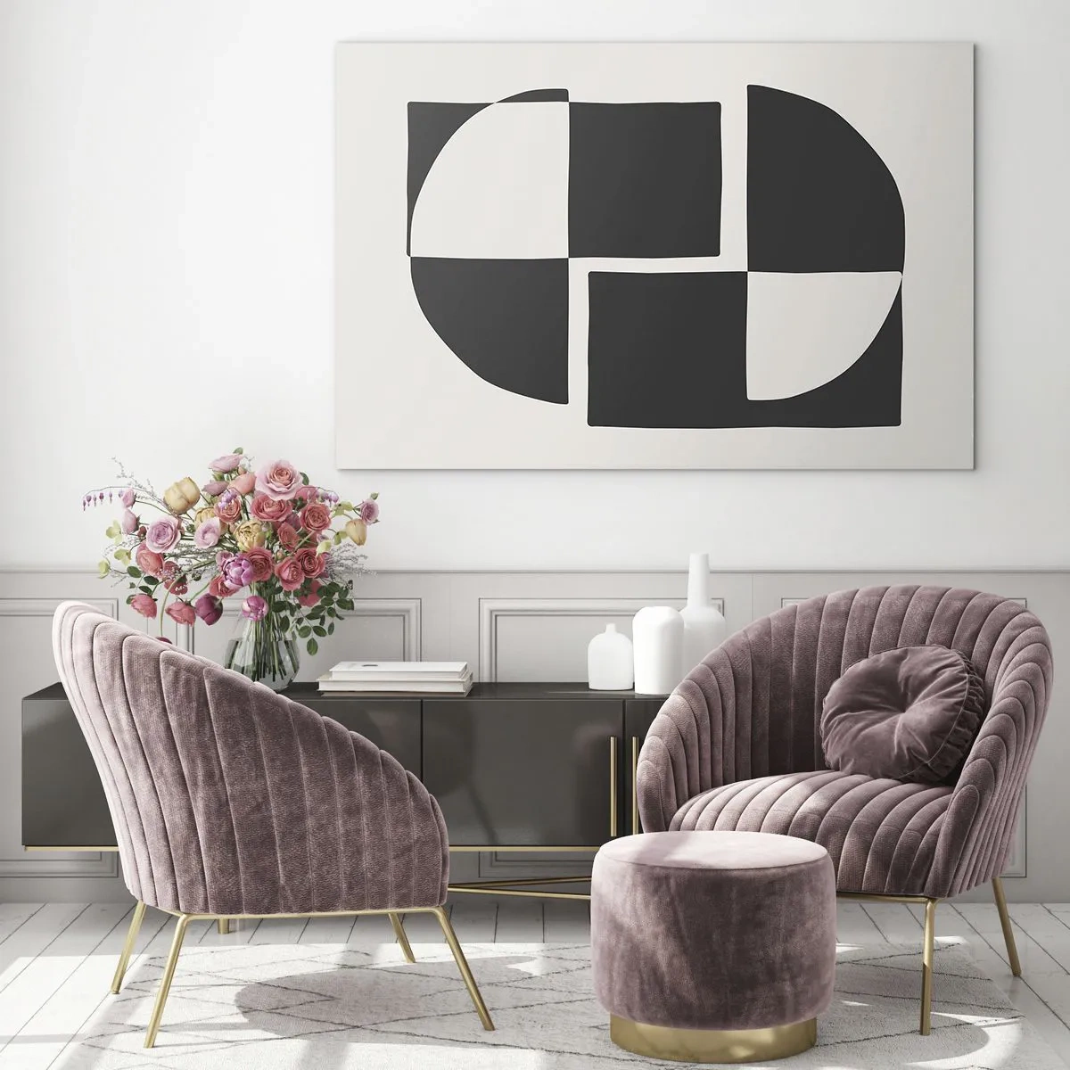 Quadro em vidro - Composição geométrica de formas pretas e brancas - 70x50cm - Antítese – síntese - Decoração de parede moderna para a sala de estar e quarto ARTTOR