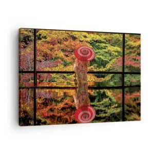 Quadro em tela - Uma mulher de quimono com um guarda-chuva tendo como pano de fundo uma paisagem de outono. - 70x50cm - No templo da natureza - Decoração de parede moderna para a sala de estar e quarto ARTTOR
