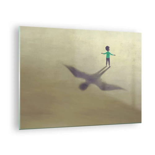 Quadro em vidro - Um menino com uma sombra em forma de pássaro em um fundo bege - 70x50cm - Herói do futuro - Decoração de parede moderna para a sala de estar e quarto ARTTOR