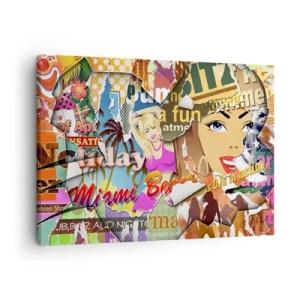 Quadro em tela - Uma colagem colorida com elementos retrô e pop art. - 70x50cm - Flashbacks das férias - Decoração de parede moderna para a sala de estar e quarto ARTTOR